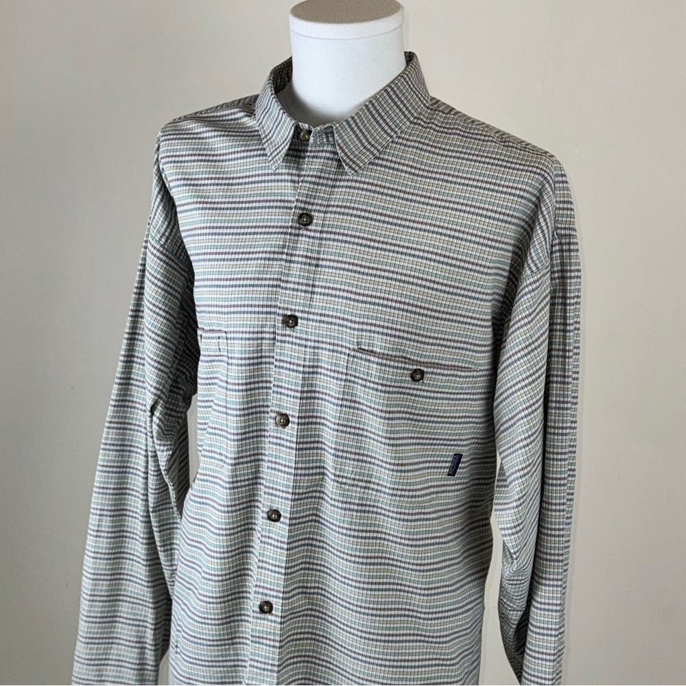 1999 Patagonia Men XXL Shirt Green Tan Plaid 100% Organic Pima Cotton Gorpcore